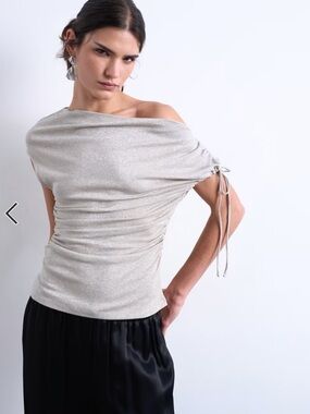 NWT Topshop Silver Off-Shoulder Ruched Tie-Sleeve Top